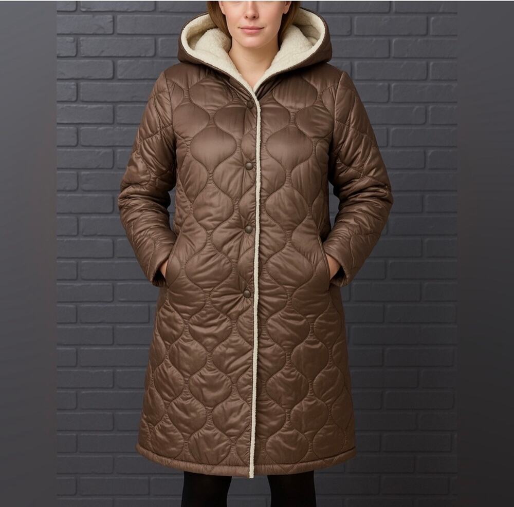 NWT Gran Oriente Brown Faux Fur Lined Hooded Jacket Women’s Small Snap Front